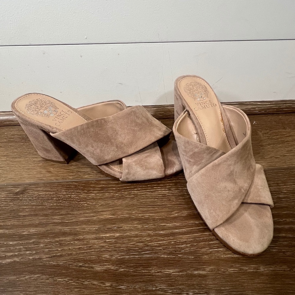 Vince Camuto Levey Tan Suede Block Heel Mule - Size 6 1/2